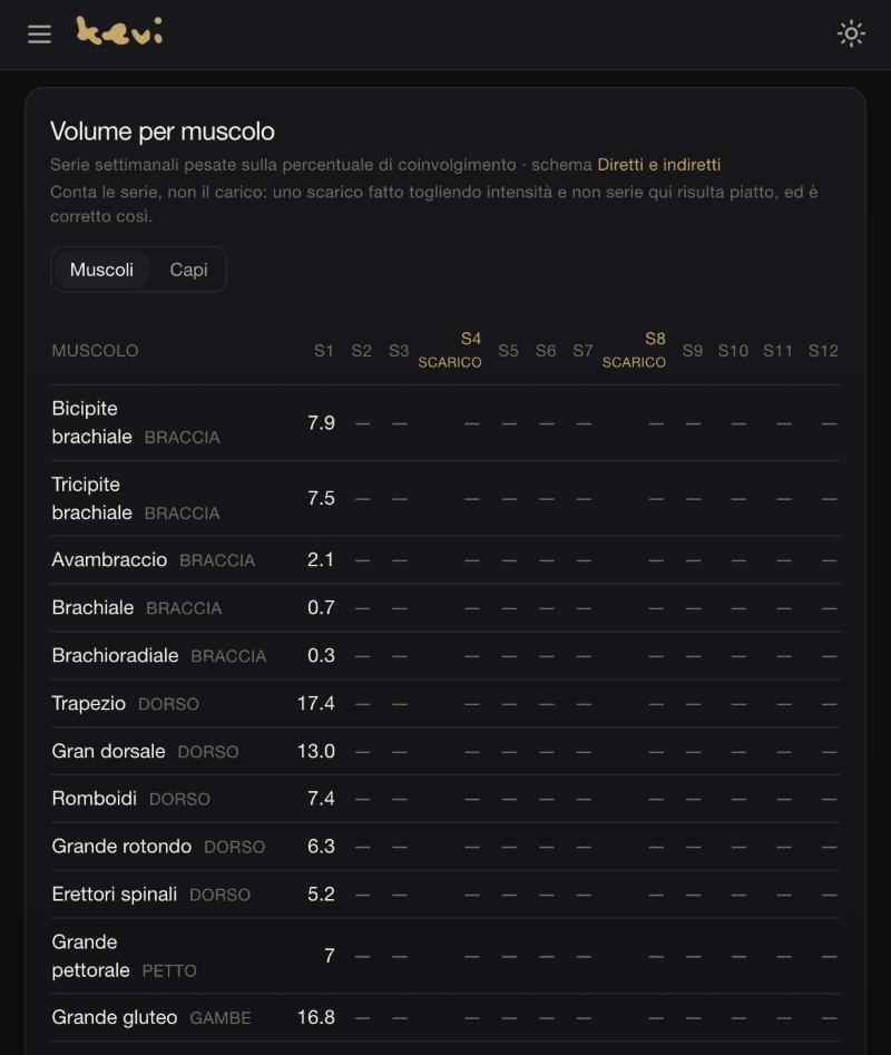 Il volume settimanale per muscolo
